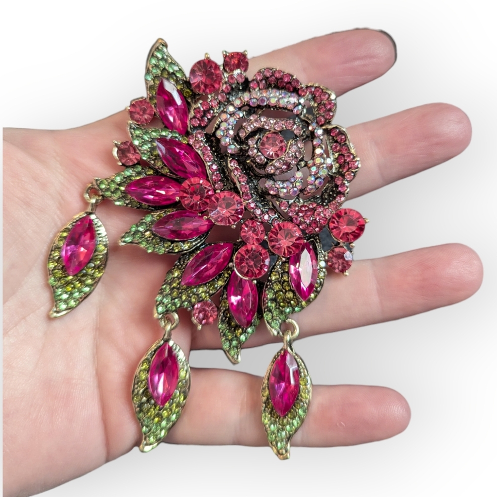 Huge Rose Brooch Pink Chunky Green Big!